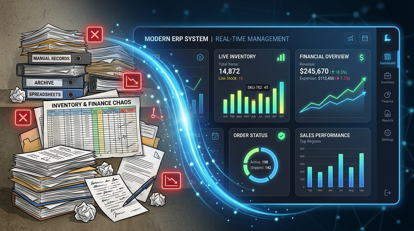 Ilustrasi Transisi Operasional Manual ke Sistem ERP Bisnis Kustom Arkatek